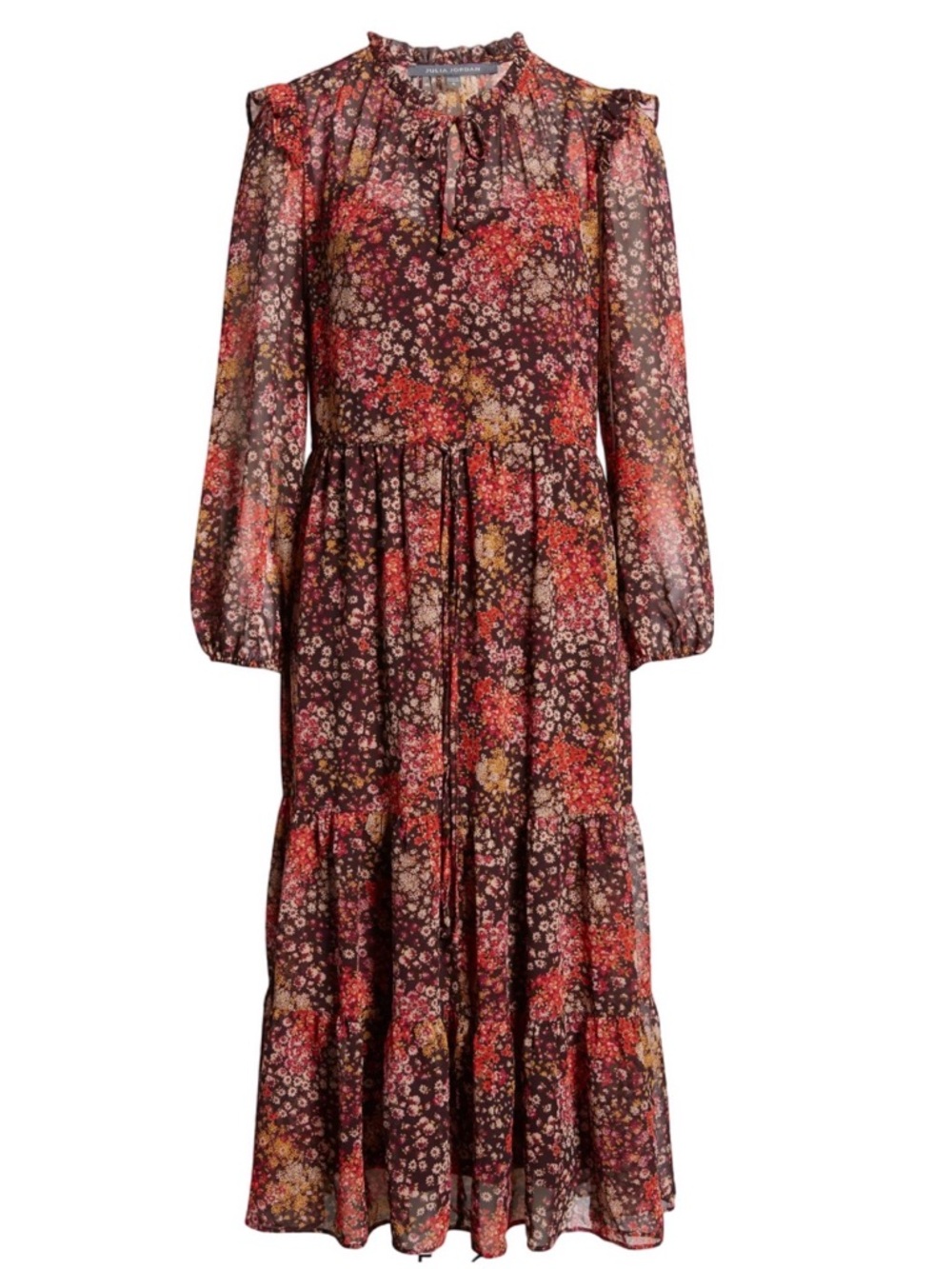 julia jordan Burgundy Floral Long Sleeve Tiered Maxi Dress